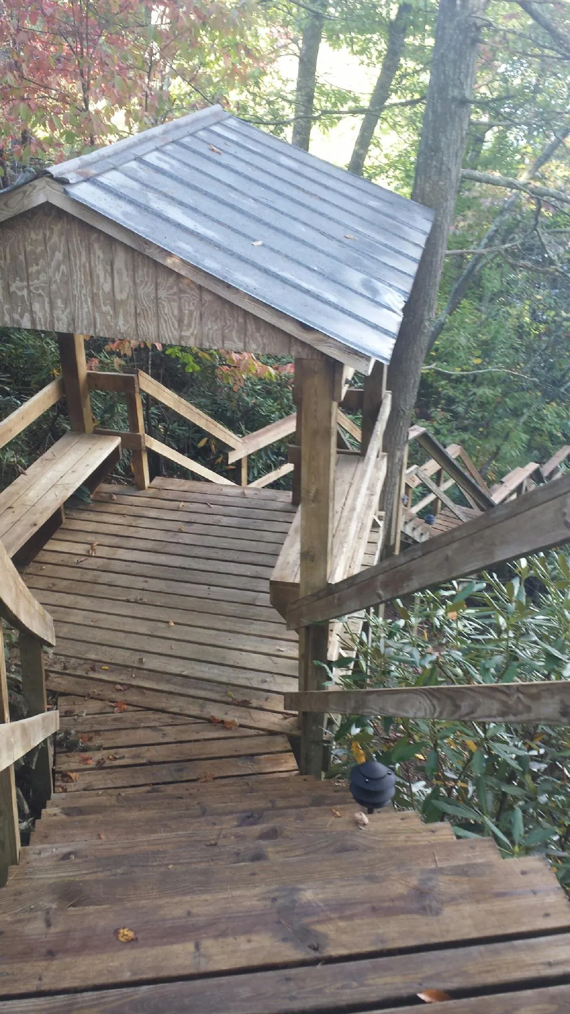 Metal roofed shelter over wooden steps on a wooded walkway — Skylight Repair & Installation work by our crew in Crab Orchard